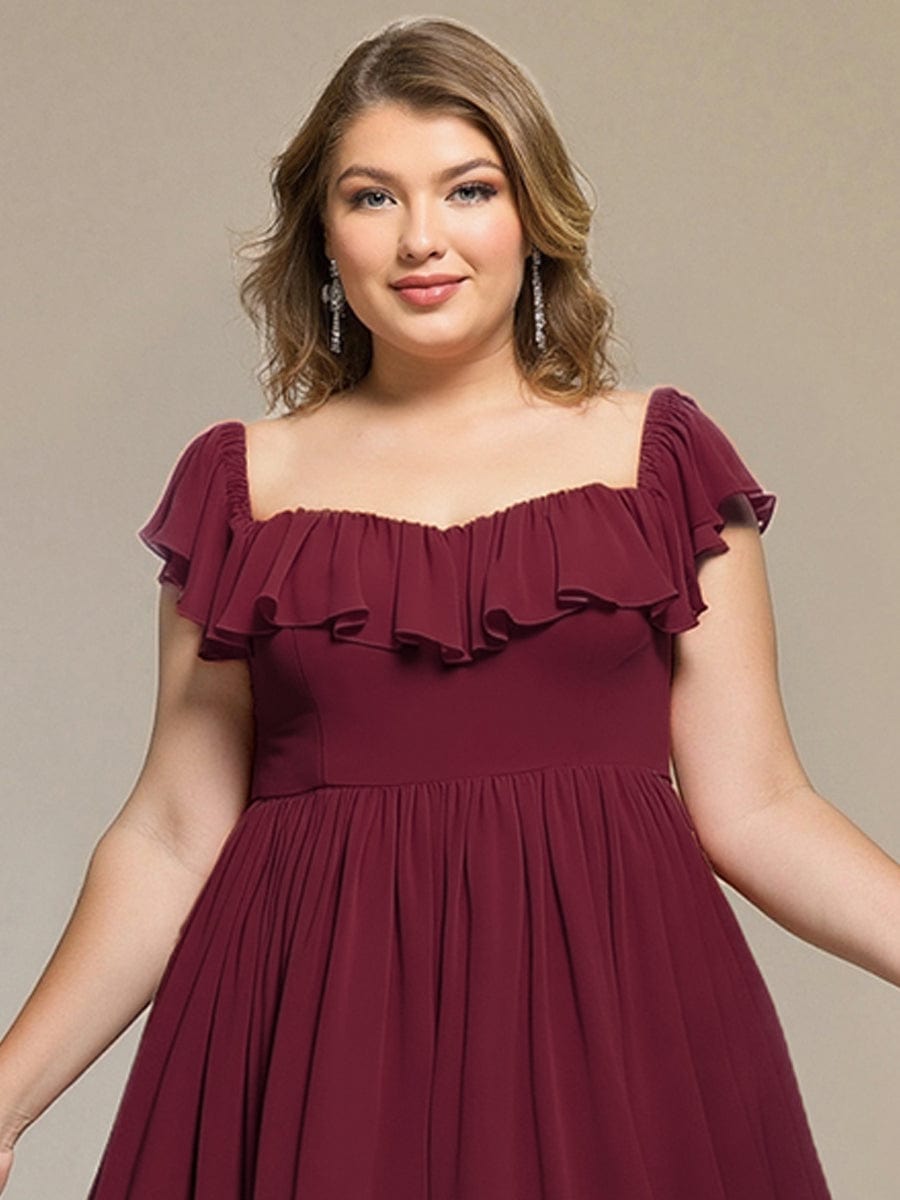 Tie-Front Chiffon Ruffle Sleeve Evening Dress #color_Burgundy