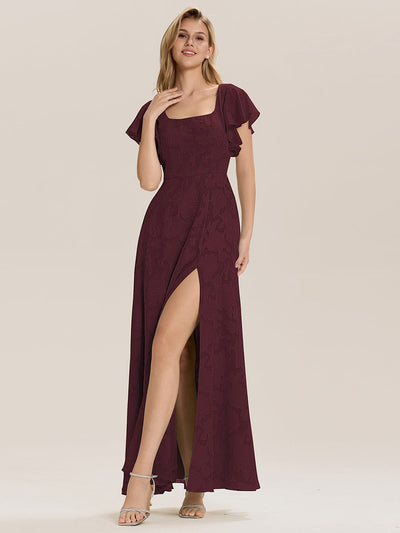 Tie-Front Chiffon Ruffle Sleeve Evening Dress #color_Burgundy