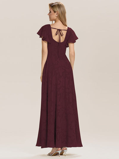 Tie-Front Chiffon Ruffle Sleeve Evening Dress #color_Burgundy