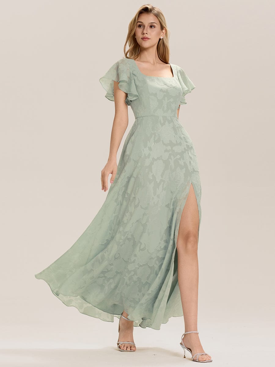 Tie-Front Chiffon Ruffle Sleeve Evening Dress #color_Mint Green