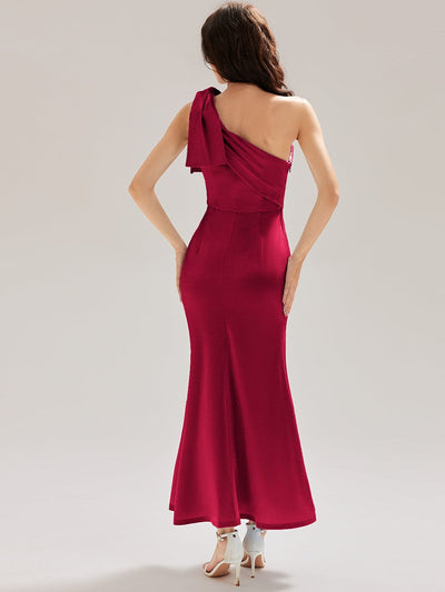 Tie-Front Satin Sleeveless Evening Dress #color_Burgundy