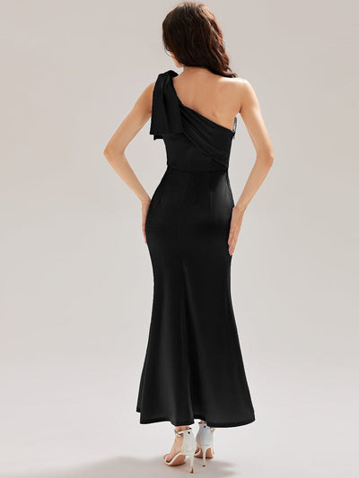 Tie-Front Satin Sleeveless Evening Dress #color_Black