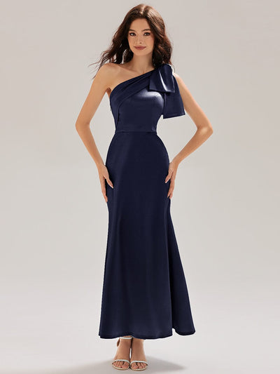 Tie-Front Satin Sleeveless Evening Dress #color_Navy Blue