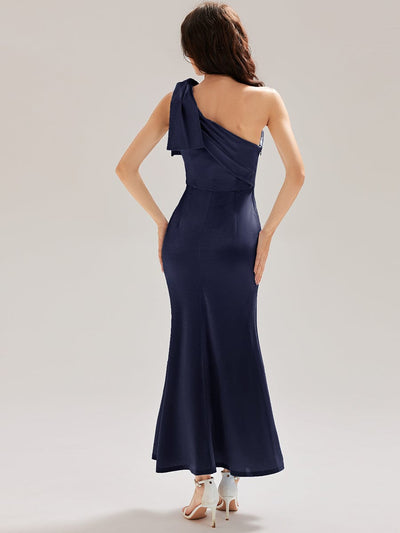 Tie-Front Satin Sleeveless Evening Dress #color_Navy Blue