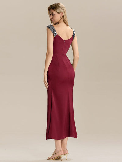 Knotted Satin Sleeveless Evening Dress #color_Burgundy