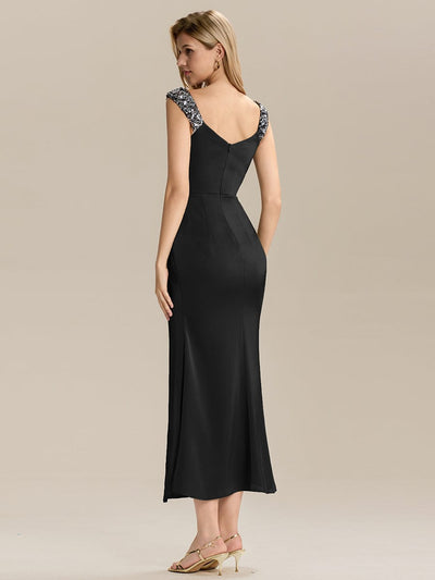 Knotted Satin Sleeveless Evening Dress #color_Black