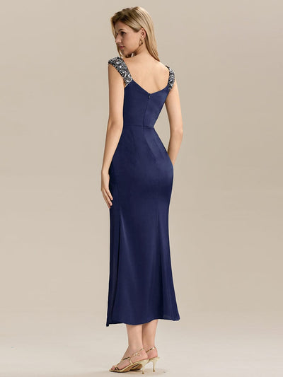 Knotted Satin Sleeveless Evening Dress #color_Navy Blue