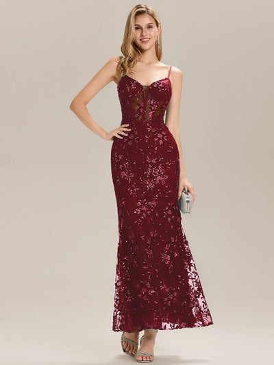 See-through Sequin Sleeveless Evening Dress #color_Burgundy