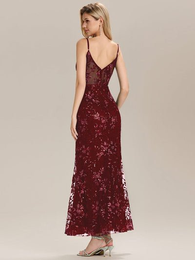 See-through Sequin Sleeveless Evening Dress #color_Burgundy