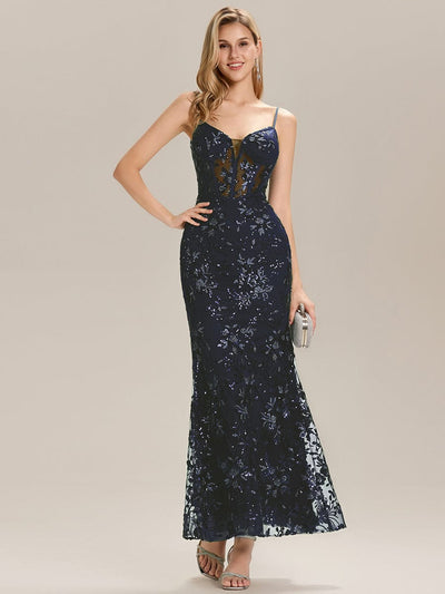 See-through Sequin Sleeveless Evening Dress #color_Navy Blue