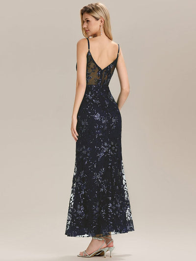 See-through Sequin Sleeveless Evening Dress #color_Navy Blue