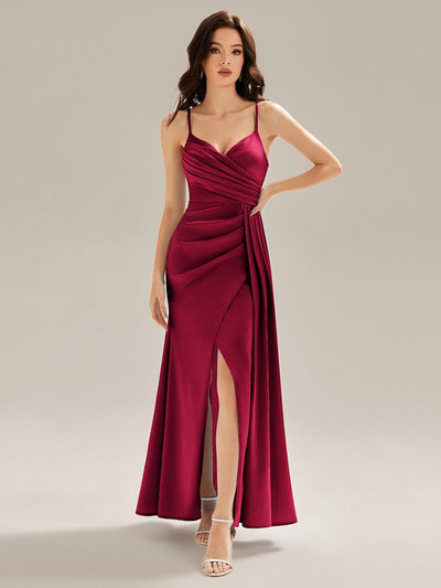 Flowing Ribbons Satin Sleeveless Evening Dress #color_Burgundy
