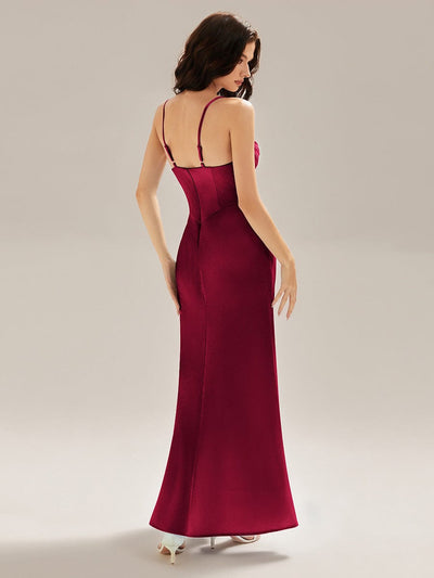 Flowing Ribbons Satin Sleeveless Evening Dress #color_Burgundy