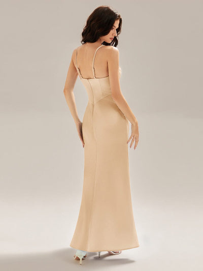 Flowing Ribbons Satin Sleeveless Evening Dress #color_Champagne