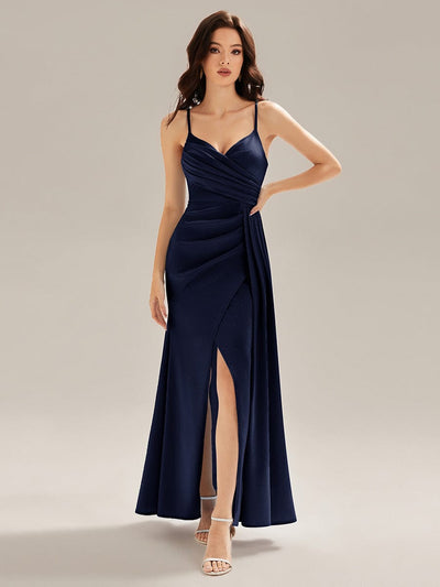 Flowing Ribbons Satin Sleeveless Evening Dress #color_Navy Blue