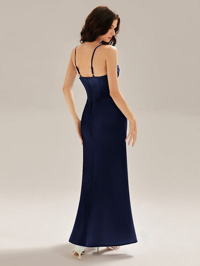 Flowing Ribbons Satin Sleeveless Evening Dress #color_Navy Blue