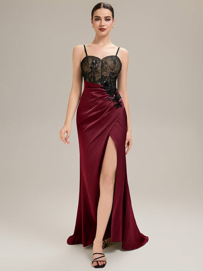Applique Satin Sleeveless Evening Dress #color_Burgundy