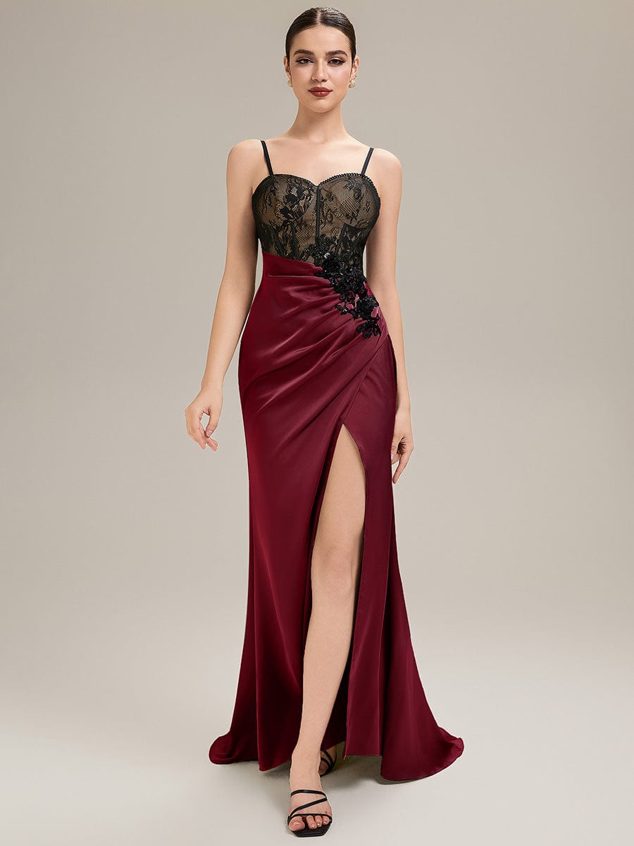 Applique Satin Sleeveless Evening Dress #color_Burgundy