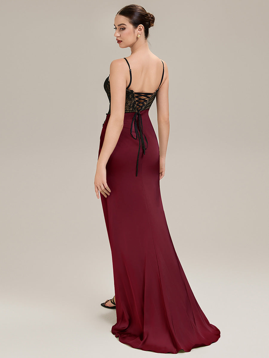 Applique Satin Sleeveless Evening Dress #color_Burgundy