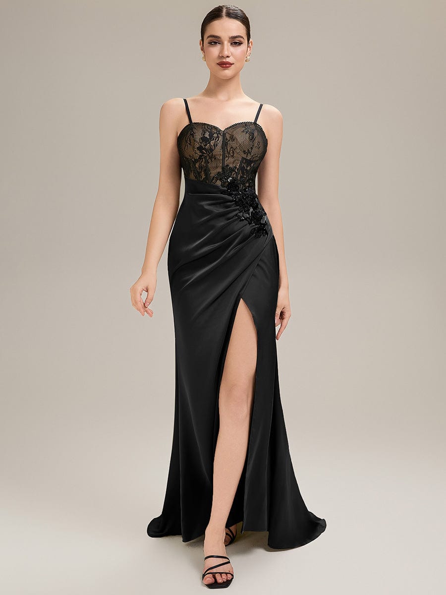 Applique Satin Sleeveless Evening Dress #color_Black