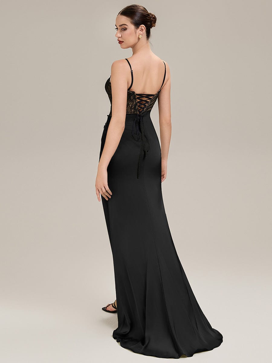 Applique Satin Sleeveless Evening Dress #color_Black