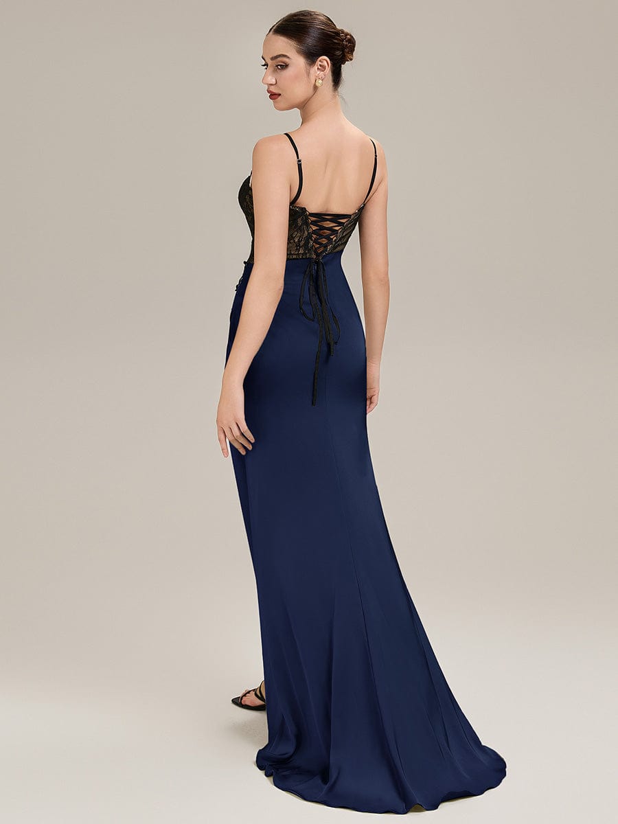 Applique Satin Sleeveless Evening Dress #color_Navy Blue