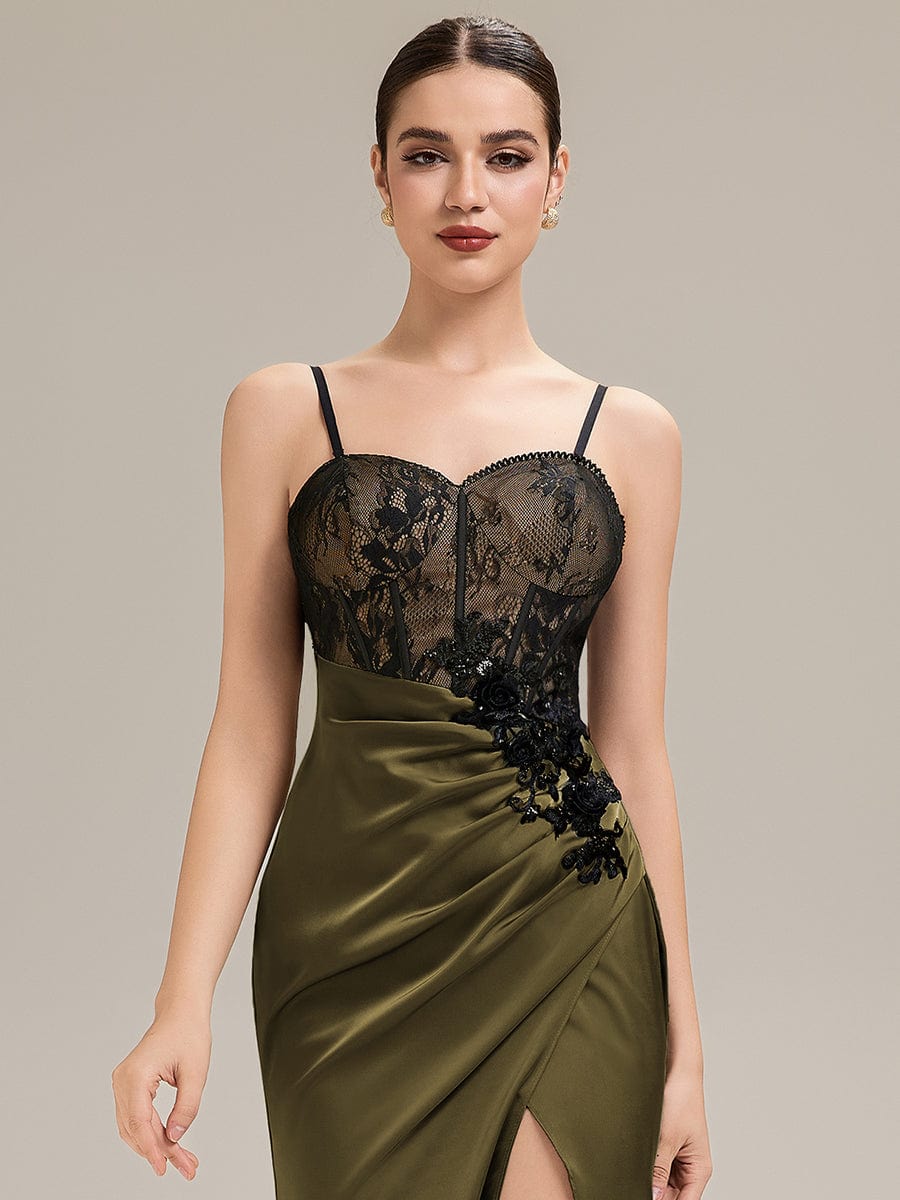 Applique Satin Sleeveless Evening Dress #color_Olive Green