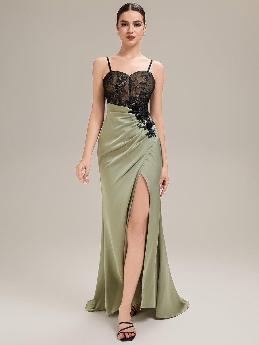 Applique Satin Sleeveless Evening Dress #color_Sage Green