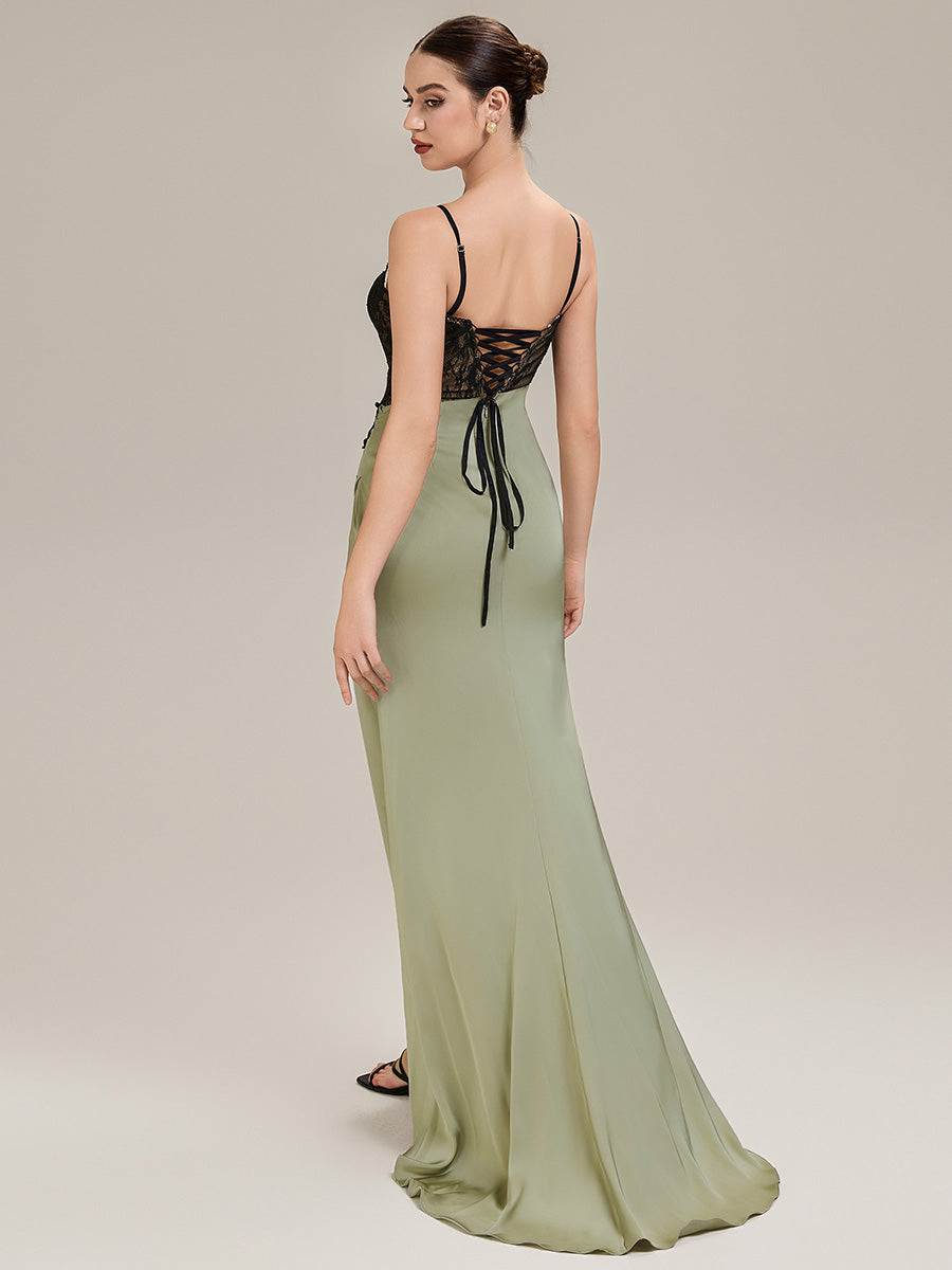 Applique Satin Sleeveless Evening Dress #color_Sage Green