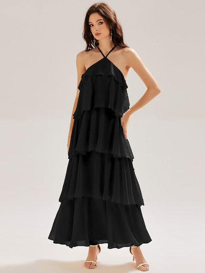 Backless Chiffon Sleeveless Evening Dress #color_Black