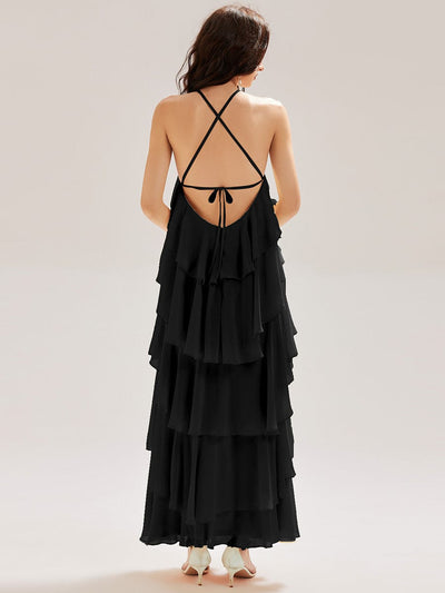 Backless Chiffon Sleeveless Evening Dress #color_Black