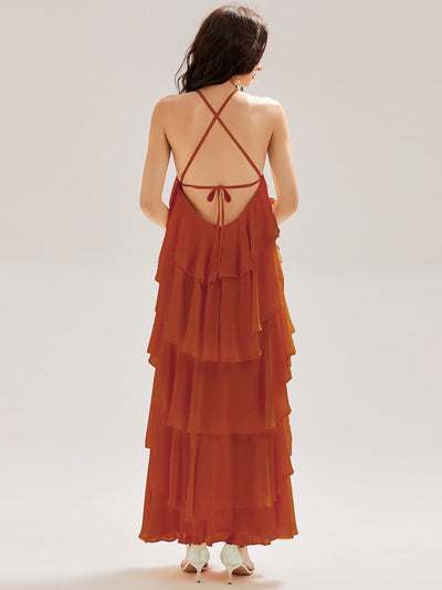 Backless Chiffon Sleeveless Evening Dress #color_Burnt Orange