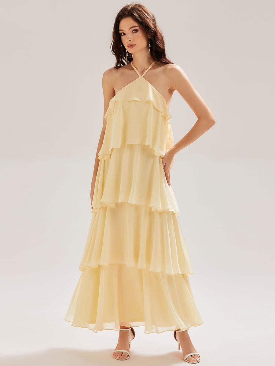 knee length dresses for ladies Hlater Neck Backless Chiffon Tiered Evening Dress