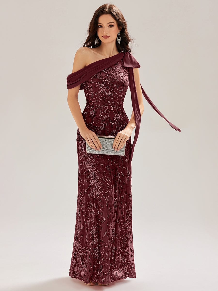 Bow Sequin Drop Shoulder Sleeve Evening Dress #color_Burgundy