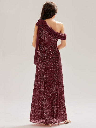 Bow Sequin Drop Shoulder Sleeve Evening Dress #color_Burgundy
