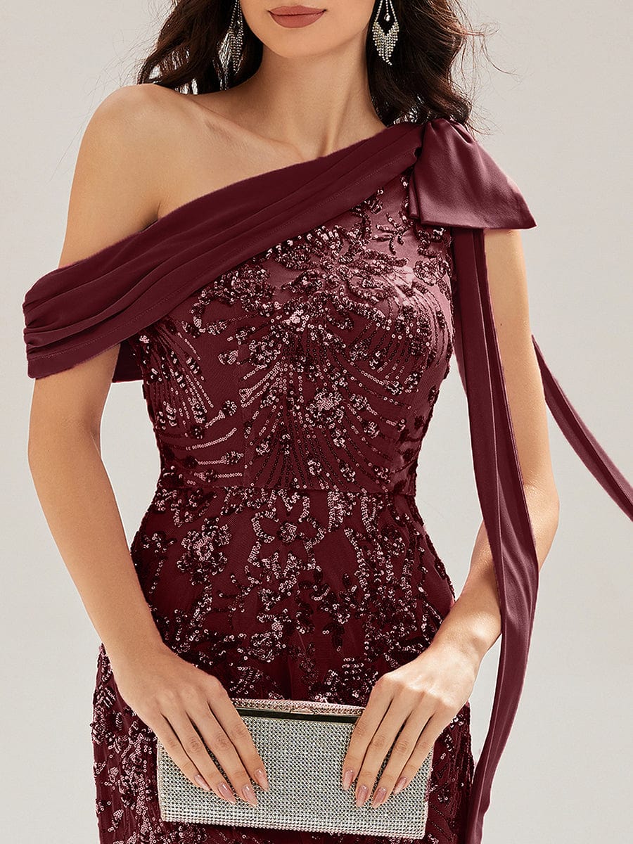 Bow Sequin Drop Shoulder Sleeve Evening Dress #color_Burgundy
