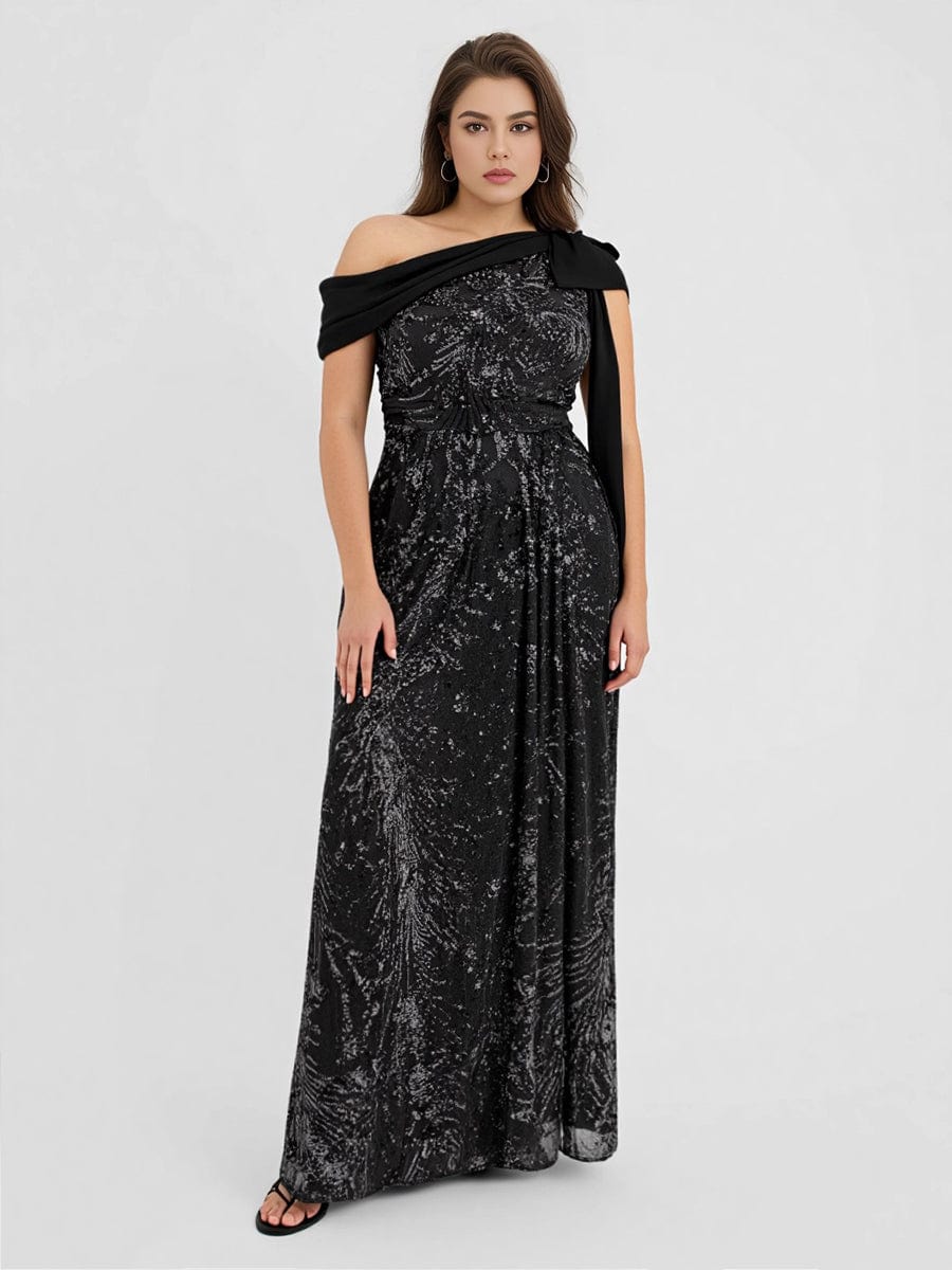 Bow Sequin Drop Shoulder Sleeve Evening Dress #color_Black