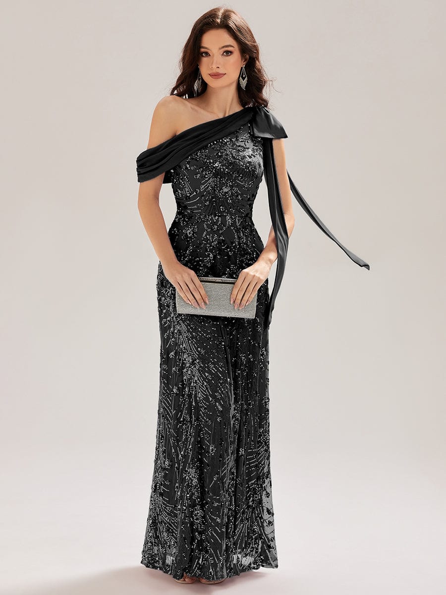 Bow Sequin Drop Shoulder Sleeve Evening Dress #color_Black