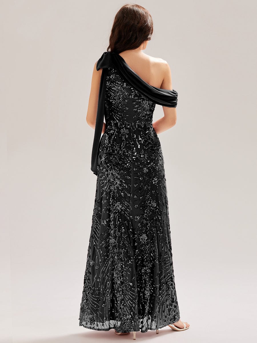 Bow Sequin Drop Shoulder Sleeve Evening Dress #color_Black