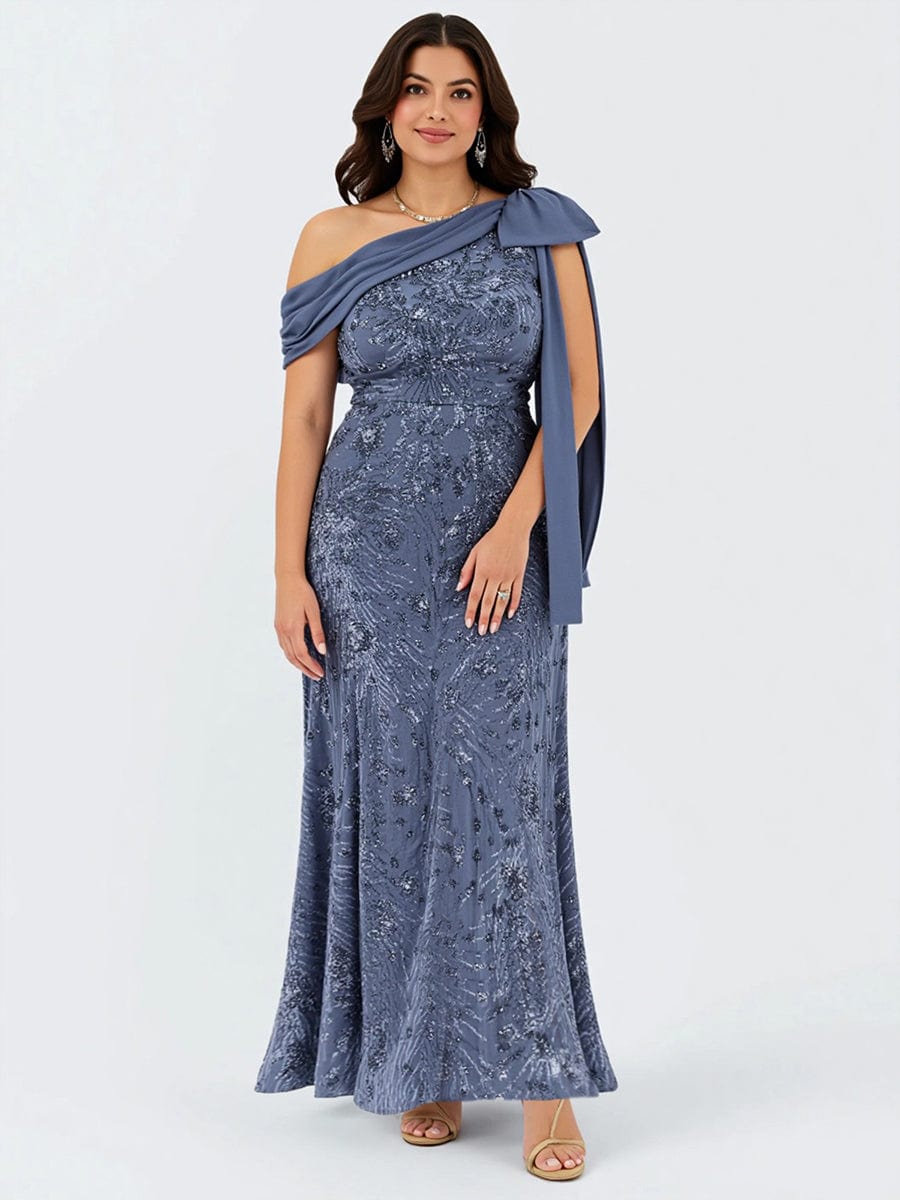Bow Sequin Drop Shoulder Sleeve Evening Dress #color_Dusty Blue
