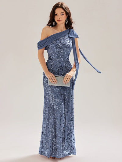Bow Sequin Drop Shoulder Sleeve Evening Dress #color_Dusty Blue
