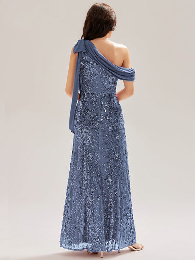Bow Sequin Drop Shoulder Sleeve Evening Dress #color_Dusty Blue