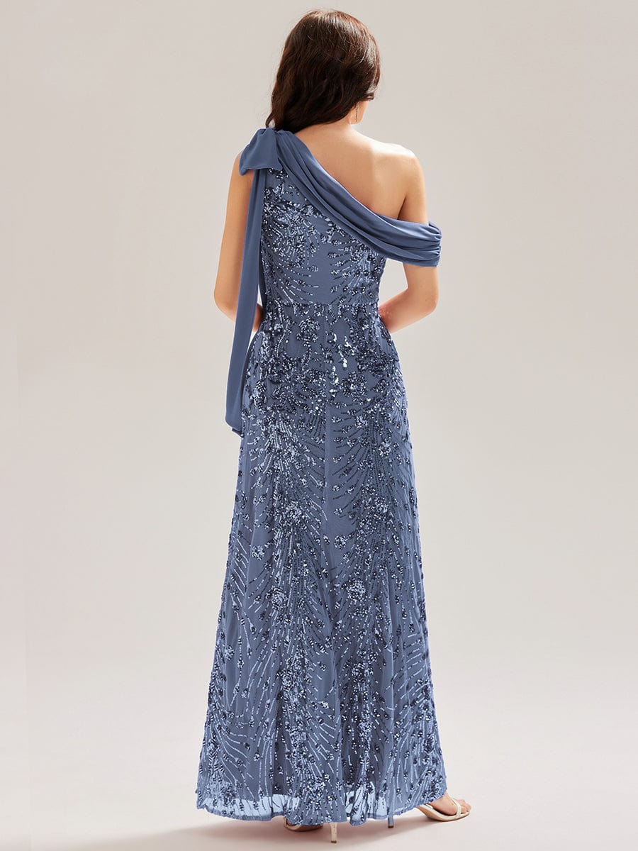 Bow Sequin Drop Shoulder Sleeve Evening Dress #color_Dusty Blue