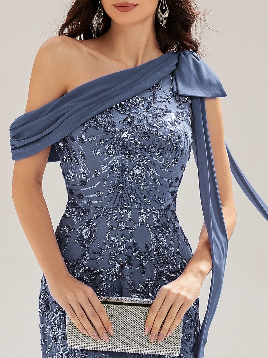 Bow Sequin Drop Shoulder Sleeve Evening Dress #color_Dusty Blue