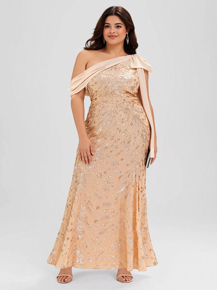 Bow Sequin Drop Shoulder Sleeve Evening Dress #color_Gold