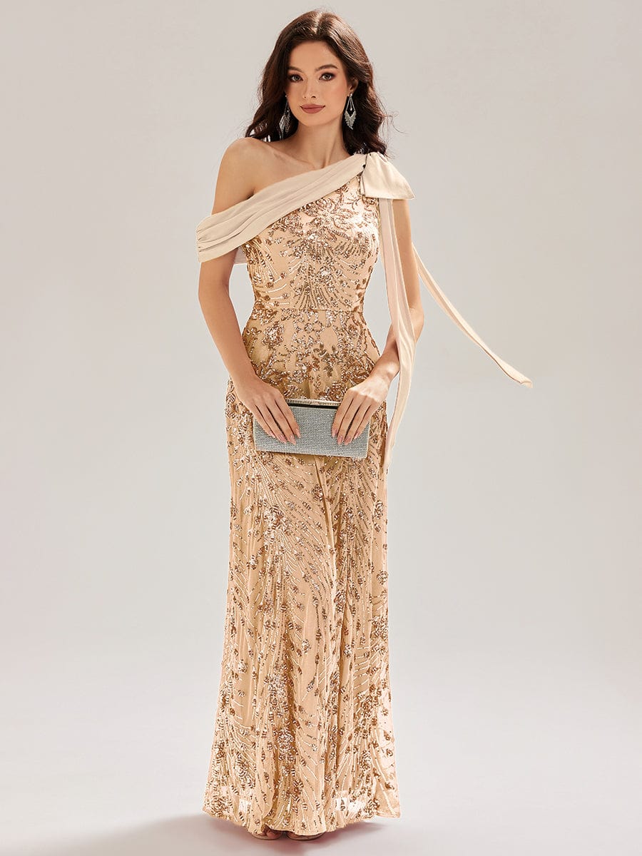 Bow Sequin Drop Shoulder Sleeve Evening Dress #color_Gold