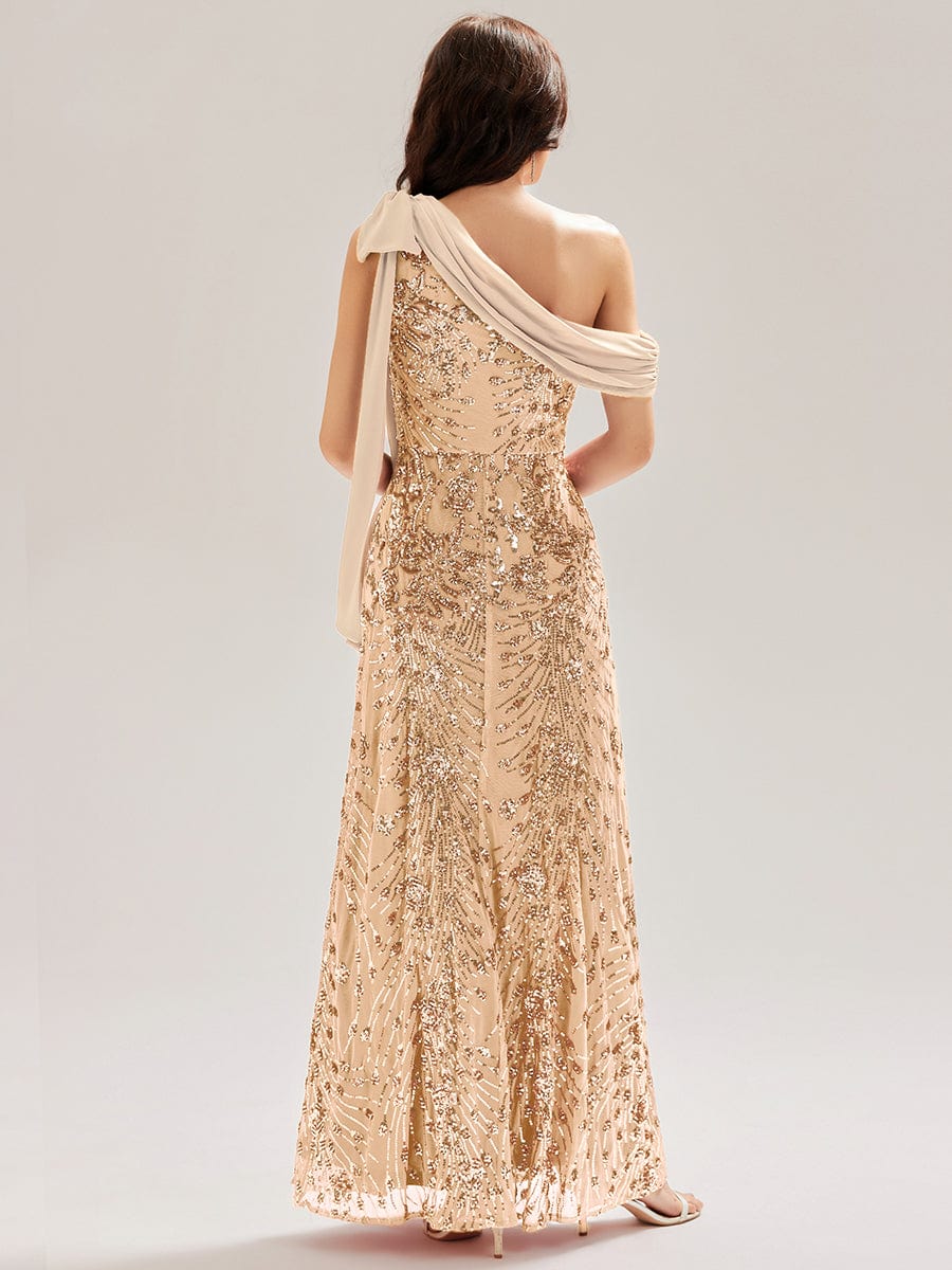 Bow Sequin Drop Shoulder Sleeve Evening Dress #color_Gold