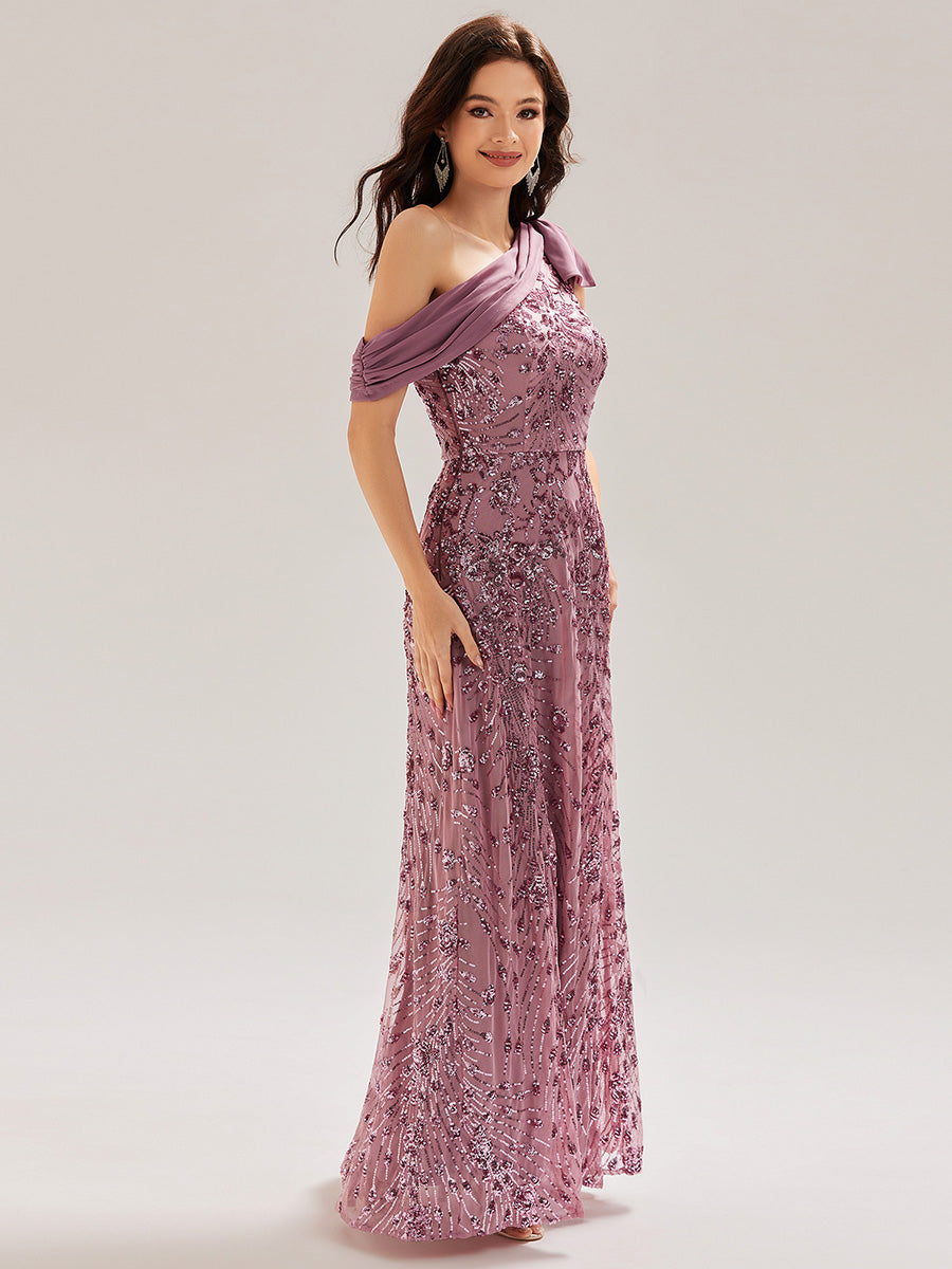 Bow Sequin Drop Shoulder Sleeve Evening Dress #color_Purple Orchid