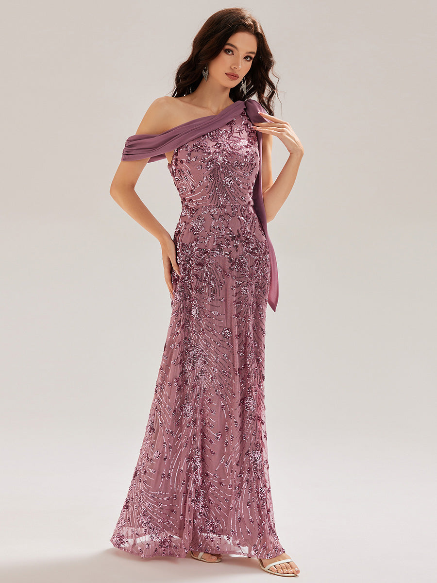 Bow Sequin Drop Shoulder Sleeve Evening Dress #color_Purple Orchid