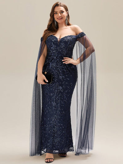 Flowing Ribbons Sequin Sleeveless Evening Dress #color_Navy Blue